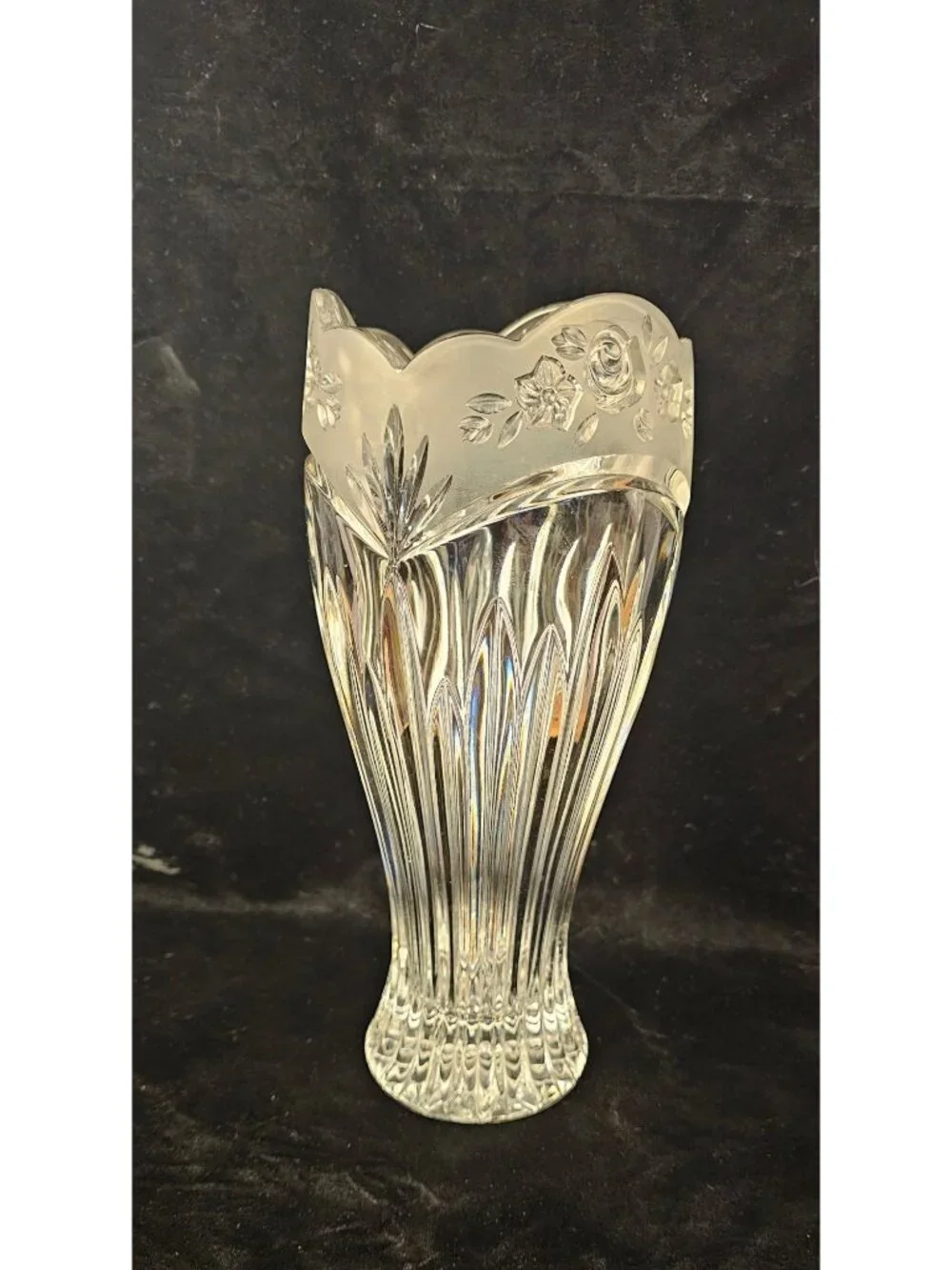 Vintage Etched Glass Vase With Floral Frosted Trim & Scalloped Edge - 10